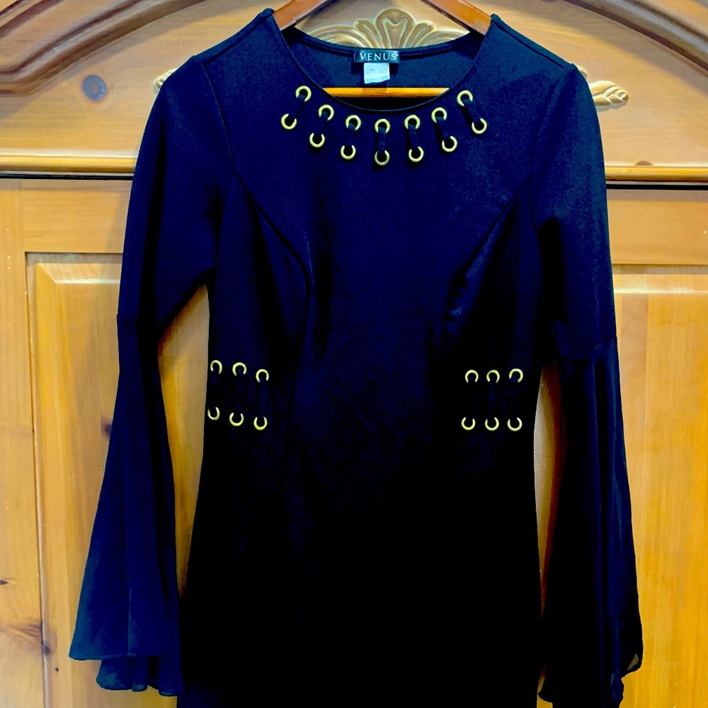Bell Sleeve Black & Gold Dress